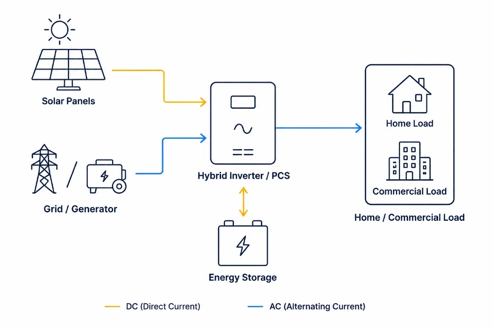 Diagrama que muestra paneles solares y red o generador alimentando un inversor híbrido, almacenamiento de energía y cargas domésticas o comerciales.