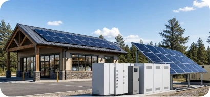 Pequeña instalación comercial con paneles solares y contenedor de almacenamiento de energía.