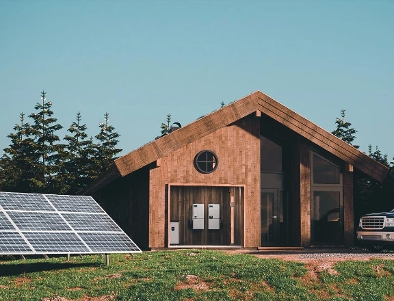 Cabina remota con paneles solares y almacenamiento de energía de pared