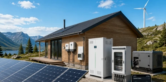 Cabina aislada con paneles solares, almacenamiento de energía, inversores y generador de respaldo