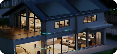 Casa moderna con energía solar iluminada por la noche