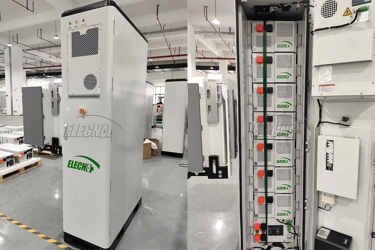 Disposición del módulo de batería exterior e interno de un gabinete de almacenamiento de energía comercial ELECNO fotografiado en la fábrica